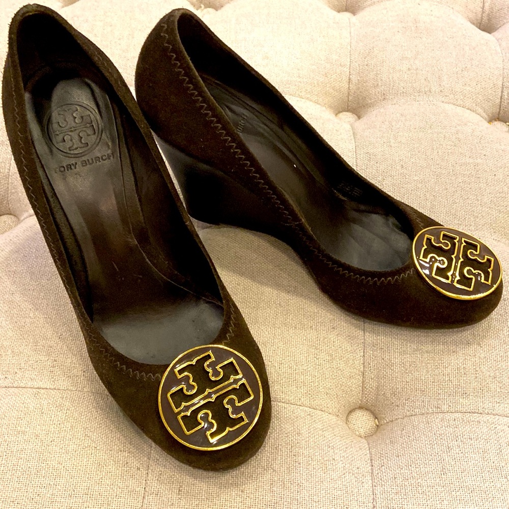 Classic Tory Burch brown suede wedge heels